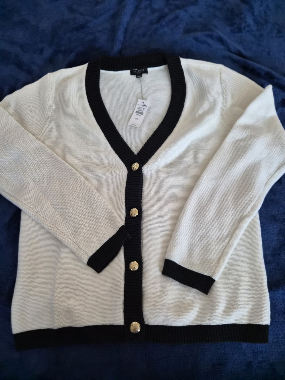 Talbots Ivory Cardigan with Black Trim and Gold Buttons